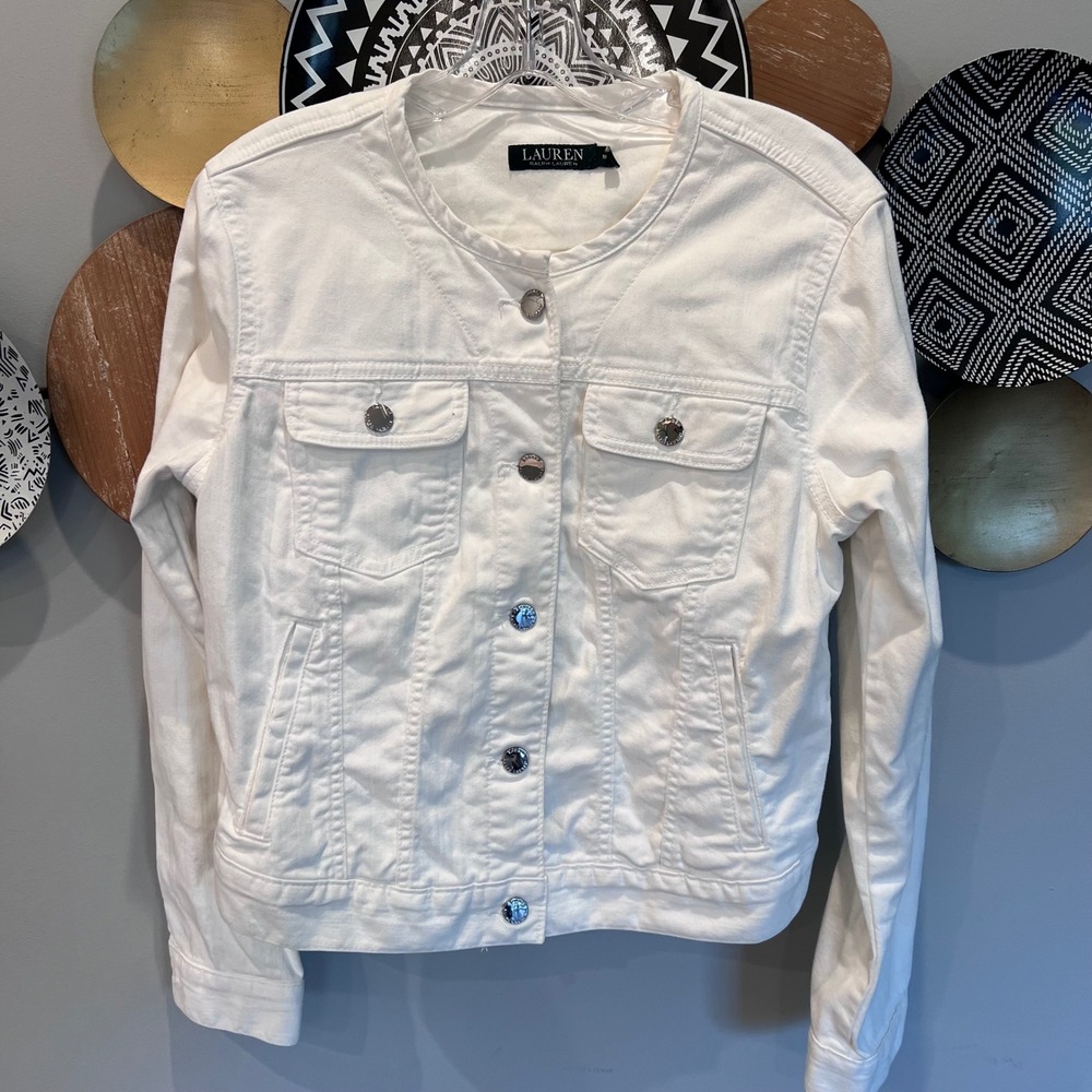 Lauren Ralph Lauren Womens White Collarless Denim Jacket Silver Buttons Size M